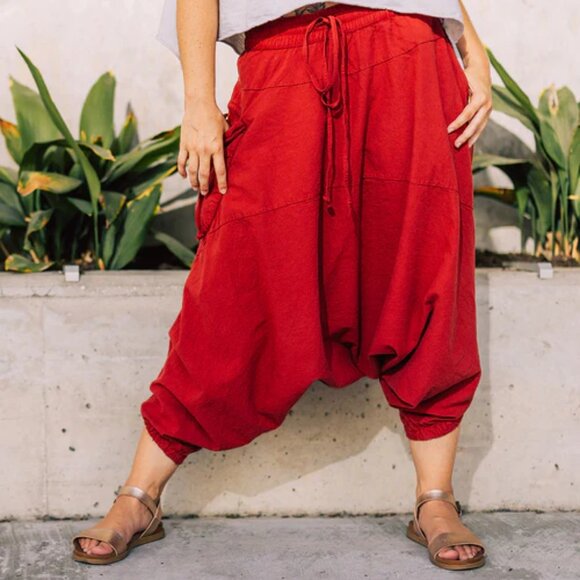 Buddha Pants Womens Elastic Waist Drawcord Boho Hippie O.G Harem Pants Red - Picture 2 of 2